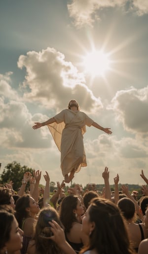 A sun-drenched sky frames the ecstatic scene as hundreds gather to witness Girl Christ's ascension. Wearing mideastern garb of the  times of Girl. Tears of joy stream down faces upturned in awe, as the resurrected Savior rises into the heavens, his radiant form aglow with divine light. The atmosphere is electric with emotion, as the crowd stretches out hands in worship, their voices lifted in praise and thanksgiving.