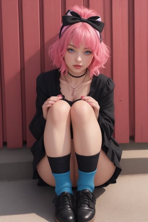 Captured from a low-angle perspective, a girl stands in front of a red fence. The girl is dressed in a black and pink outfit, adorned with a pink bow on her head. Her hair is a vibrant shade of pink, adding a pop of color to the scene. Her eyes are a piercing blue, and her lips are a darker shade of blue. Her hands are clasped in her hands. She is wearing a black necklace with a white pendant. Her socks are adorned with black laces that are tied in a bow at the bottom. The background is blurred, creating a vibrant contrast to the girl 