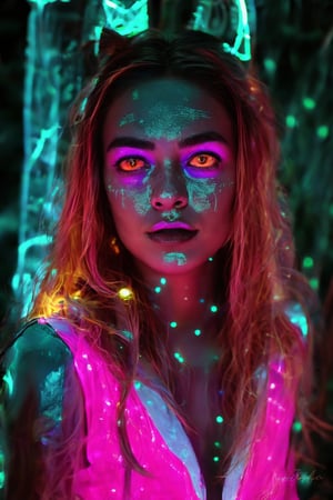 Portrait of a mystical fantasy bioluminescent neon woman. Glamorous fashionable lady. Glowing 
skin spot,  Glowing color,Glowing dots on face, neon lines on face, glowing multiple colour on eyeballs,25 year old girl 