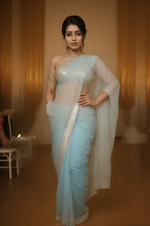 A striking image: Saree, a stunning 20-year-old Tamil girl, confidently struts down the catwalk in her custom-made holographic neon fashionwear, bathed in soft focus and matte lighting with a subtle soft-glow effect. Her gaze meets the audience's, exuding professionalism as the classic light fringe framing her face creates a sense of sophistication. The blurred bokeh effect in the background adds depth, while the SFM-rendered attire accentuates her svelte figure.,38 years old plump 