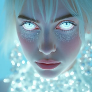 close, albino Billie Eilish woman with glowing eyes and hair in white gold jewelry, light painting, futuristic digital, realistic sci-fi, lights, gold filigree, silver lashes, diamond, ethereal, misty, holographic, white sky on background,glitter