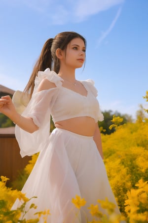 super fine illustration,masterpiece, best quality,{beautiful detailed eyes},1girl, (27 year old), finely detail,Depth of field, 4k wallpaper,bluesky,cumulus,wind,insanely detailed frills,extremely detailed lace,BLUE SKY,very long hair,Slightly open mouth,high ponytail,silver hair,small Breasts,cumulonimbus capillatus,slender waist,There are many scattered luminous petals,Hidden in the light yellow flowers,Depth of field,She bowed her head in frustration,Many flying drops of water,Upper body exposed,Many scattered leaves,branch ,angle ,contour deepening,cinematic angle ,{{{Classic decorative border}}},27 year old girl,Mallu 