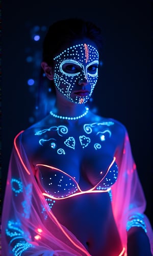 A mystical photo of an alien woman with a bioluminescent glow. Her midriff is exposed, revealing glowing skin with symmetrical neon lines that trace intricate patterns across her face and body. The skin emits a soft, otherworldly light, giving her a mesmerizing appearance. Her face is adorned with glowing dots, arranged in a symmetrical pattern that highlights her ethereal beauty.

She is wearing a neon saree that also glows with vibrant colors, blending seamlessly with the bioluminescent tones of her skin. Light particles float around her, adding to the mystical aura, while glowing spots and dots on her body create a radiant, enchanting effect. The close-up focus on her face emphasizes her luminous features, with every detail of the glowing patterns and lines captured in stunning detail.
