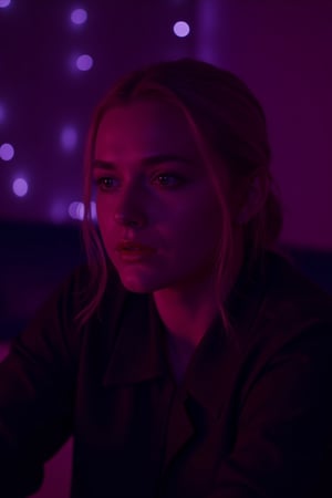 cinematic, A young woman with blonde hair sits in a dimly lit room, illuminated by soft purple and pink lighting. She gazes thoughtfully into the distance, with a bokeh of lights in the background, creating an intimate and contemplative atmosphere., film grain, Short telephoto focal length, shot on ALEXA 65