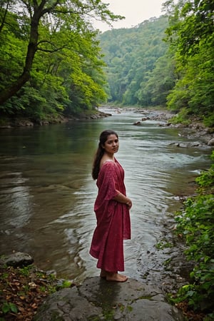 masterpiece, best quality, ultra-detailed, solo, forest, rocks, river, wood, smoke,clear sky, fujifilms , cinematic colour grading, analog style (look at viewer:1.2) (skin texture)  1mallugirl,1 girl,Mallugirl,1mallu girl,1girl