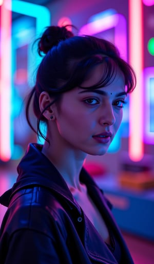 A cyberpunk women, realistic, details and enhanced image, beautiful,The atmosphere is fun and inviting, featuring colors like black, blue, dark blue, dark purple, gray, light green, purple, and orange. Neon lights in pink, blue, and green illuminate the space, creating a bokeh and Depth of Fieldeffect. The focus is on the girl from the torso to the head, captured in a cinematic style with a Sony A7R IV full-frame camera,AnushkaShettyFlux