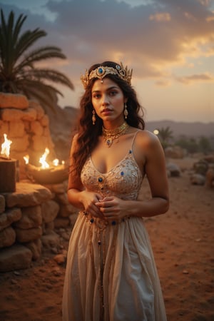 Real photography, cinematic, A beautiful priestess of ancient Mesopotamia looking at the viewer, adorned in a flowing linen gown with intricate gold and lapis lazuli jewelry, stands before ancient mesopotamian buildings at dusk. Her long, dark hair is braided with golden threads.  Torches flicker in the warm desert breeze. The sky glows with the setting sun, casting a deep orange hue over the landscape and illuminating the fertile crescent below. Palm trees sway in the distance
