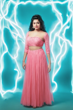 Against a backdrop of vibrant white and cyan neon lights, an Indian woman donning futuristic attire strikes a pose with timeless grace. Her greebled dress shimmers in the radiant glow, as if infused with otherworldly energy. The subtle texture and intricate details are reminiscent of Evgeni Gordiets' style. In the blink-and-you-miss-it moments, hidden secrets await discovery. Rendered in hyper-detailed realism, this image measures 750 pixels square.