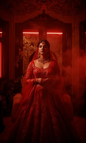 In a dimly lit, smoke-filled room, Madonna Sebastian poses majestically against a lavish, crimson-hued backdrop adorned with gleaming gold accents and subtle neon highlights. Her stunning red lehenga shimmers with intricate embroidery, paired with opulent gold jewelry that catches the eye. The cinematic lighting casts a warm, moody glow, evoking the essence of the iconic Matrix franchise. Madonna Sebastian exudes confidence and glamour, her regal presence commanding attention in this striking, neo-noir inspired setting.