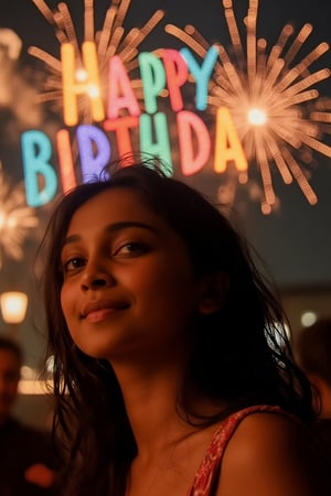 Cinematic shot of a beautiful 23-year-old birthday girl, looking into the camera, fireworks in the sky spelling "Happy Birthday" in colorful letters, shot with ARRI Alexa XT, ultra-realistic, high-definition details, soft lighting highlighting her features, joyful and celebratory expression, fireworks and vibrant colors lighting up the sky, detailed textures on skin and hair, perfect for a dramatic birthday scene, full of celebration.
