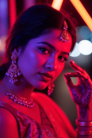 A stunning Indian woman poses elegantly against a neon-lit backdrop, bathed in the warm glow of studio lights. Her intricate henna designs and ornate jewelry gleam with an otherworldly sheen, as if infused with synthetic beauty. Beautiful face with perfect symmetric eyes, perfect contrast, extremely sharp focus. Hyper-realistic textures and ultra-high detailed features accentuate her striking features, set against a cinematic cityscape at dusk. The overall effect is a masterpiece of synthwave-inspired artistry, where technology and tradition converge in perfect contrast.