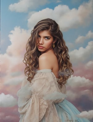 Canvas painting, oil painting, realistic painting, full color, perfect artistic composition, perfect contrast, perfect brightness. Abstract surrealist masterpiece of a very beautiful woman with long light brown curly hair standing among dreamy clouds, reminiscent of the elegant, pure, and beautiful atmosphere in Francesca's works. The style is reminiscent of Veronese painting style.,Details,Skin texture 