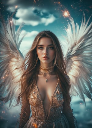 full body shot, young angel woman with yellow detailed eyes and long hair in gold jewelry, big white wings, light painting, futuristic digital, realistic sci-fi, lights, gold detailed dress, gold lashes, diamond, ethereal, misty, holographic, sky with white clouds on background,glitter,Midjourney_Whisper