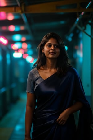 A beautiful mallu women, teal and orange colour lighting in background, futuristic subway, pipeline , wires, light indicators, intricate background, realism,realistic,raw,analog,portrait,photorealistic, taken by Canon EOS,SIGMA Art Lens 35mm F1.4,ISO 200 Shutter Speed 2000,Vivid picture,Mallu beauty, The atmosphere is fun and inviting, featuring colors like black, blue, dark blue, dark purple, gray, light green, purple, and orange. Neon lights in pink, blue, and green illuminate the space, creating a bokeh and Depth of Fieldeffect. The focus is on the girl from the torso to the head, captured in a cinematic style with a Sony A7R IV full-frame camera,Mallu beauty,futuristicportrait,Mallu beauty 