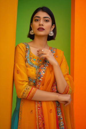 a woman dressed in a traditional Indian outfit stands in front of a vibrant orange backdrop. The woman's outfit is adorned with a yellow blouse, adorned with blue, red, and orange accents. She is wearing a pair of silver earrings, and a ring on her finger. Her hair is styled in a sleek bob, and her eyes are focused on the camera. She has a serious expression on her face, and she is wearing black lipstick. Her left hand is draped over her right shoulder, adding a touch of contrast to her outfit. The backdrop is a combination of green and orange, creating a striking contrast to the woman's body.,Payal