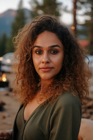 Generate an image of a stunning 38-year-old women, blending Black and Spanish heritage. She has fluffy curly golden brown hair, Type 4 hair, lush and vibrant, falling in loose waves down her back.

Setting:
- Outdoor: A serene mountain campsite at dusk, mountain view
- Soft, warm lighting with subtle shadows and twinkling string lights
- Tall trees surrounding a cozy clearing, with a crackling campfire and rustic wooden benches
- Camping gear and equipment subtly integrated into the scene

Physical Description:
- Fair skin with a subtle, sun-kissed glow
- Bright, expressive hazel eyes
- olive, dark Italian skin

Outfit:
- Comfortable, green earth-toned camping shirt (flannel or fleece)
- Practical hiking pants or leggings
- Warm, cozy cardigan 
- Sturdy hiking boots

Style:
-Effortless, coastal chic
- Confident, carefree, innocent pose

Mood:
- Serene, joyful, and radiant
- Capturing the essence of a relaxed summer afternoon
Inspired by singer Tyla's vibrant energy and style, create a breathtaking image that embodies beauty, elegance, and a laid-back coastal vibe.