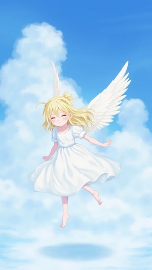 1girl, solo, long hair, blonde hair, dress, closed eyes, wings, sky, barefoot, pants, cloud, white dress, cloudy sky, feathered wings, floating, flying, angel wings, angel, above clouds