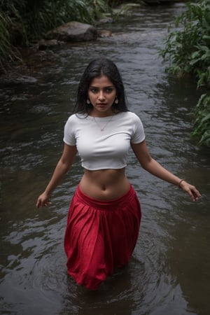 1girl, solo, long hair, skirt, shirt, black hair, jewelry, standing in pool water,, shot from above, earrings, midriff, water, blurry, sexy pose, curvy, spike_bracelets, tree, blouse,  red shirt half in  water, long skirt, rock, photo background, Indian traditional dress 