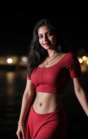 1girl, solo, long hair, looking at viewer, smile, black hair, dress, jewelry, standing, necklace, blurry, Red dress, bracelet, realistic, 28 years old, dark skin , dim light, drak atmosphere, low light , Midriff 