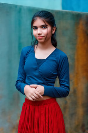 Captured from a high-angle perspective, a 16 yo women standstill . She is wearing a blue long-sleeved shirt, a red skirt, and a ring on her finger. Her hair is pulled ponytail, and she is wearing earrings in her ears. The backdrop is a rustic wooden wall, and the sky is a pale blue. The woman's expression is neutral, with a slight smile on her face.,sahana15,realhands