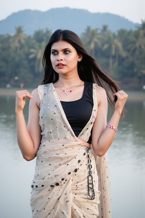 best quality, highres, ultra-detailed:1.2), eye-level capture, cloudy day, a woman dressed in a cream-colored saree with black designs, standing in front of a body of water, wearing a black blouse, long dark brown hair flowing, white bracelets on her wrists, her saree draped over her left shoulder, a white sari tied around her waist adorned with red designs, adding a pop of color, blurred backdrop with trees and a mountain in the distance, soft natural lighting, realistic textures.