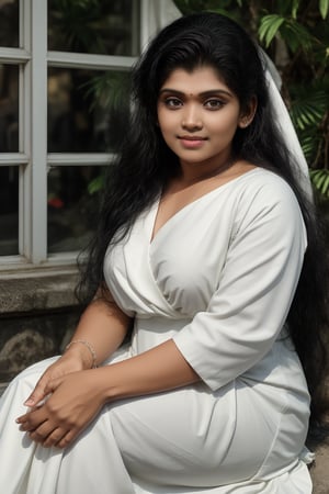 In this 8K masterpiece, a Canon 1DX with a 50 mm f/2.8 lens captures the mesmerizing gaze of  mallu curvy woman against a neutral indoor backdrop. Her spring roll drill raven-black hair flows like a waterfall,  A subtle drill pattern adds texture to her locks as she wears a crisp white shirt that accentuates her delicate features. Her bright smile and piercing black eyes meet the viewer's gaze, exuding warmth and charm. Spring hairstyle:1, drill hairstyle:1, ,Black beauty, dark_skin_female, long gown with side slit, 