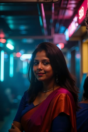 A beautiful mallu women, teal and orange colour lighting in background, futuristic subway, pipeline , wires, light indicators, intricate background, realism,realistic,raw,analog,portrait,photorealistic, taken by Canon EOS,SIGMA Art Lens 35mm F1.4,ISO 200 Shutter Speed 2000,Vivid picture,Mallu beauty, The atmosphere is fun and inviting, featuring colors like black, blue, dark blue, dark purple, gray, light green, purple, and orange. Neon lights in pink, blue, and green illuminate the space, creating a bokeh and Depth of Fieldeffect. The focus is on the girl from the torso to the head, captured in a cinematic style with a Sony A7R IV full-frame camera,Mallu beauty,futuristicportrait,Mallu beauty 