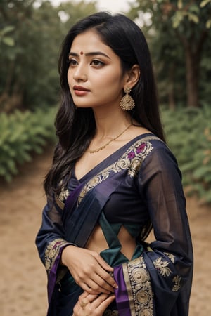 Saree, 1girl, solo, long hair, black hair, long sleeves, traditional , dress, jewelry, earrings, outdoors, blurry, looking to the side, purple dress, realistic,Saree