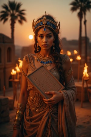 Real photography, cinematic, A beautiful priestess of ancient Mesopotamia looking at the viewer, adorned in a flowing linen gown with intricate gold and lapis lazuli jewelry, stands before ancient mesopotamian buildings at dusk. Her long, dark hair is braided with golden threads, and she holds a clay tablet inscribed with cuneiform symbols.  Torches flicker in the warm desert breeze. The sky glows with the setting sun, casting a deep orange hue over the landscape and illuminating the fertile crescent below. Palm trees sway in the distance,Yaskhi28