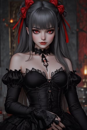 Create an anime-style illustration of a powerful female character inspired by Shalltear Bloodfallen. She has long, dark silver hair (Big red bow on the head), red eyes, dressed in an intricately designed dark medieval outfit adorned with lace and armor. Her expression is confident and somewhat playful, conveying her vampiric charm. The background should be a gothic castle interior, with dim lighting and ornate decor, adding to the dark fantasy atmosphere. Include elements like a glowing orb or magical sigils to emphasize her magical prowess, shalltier


