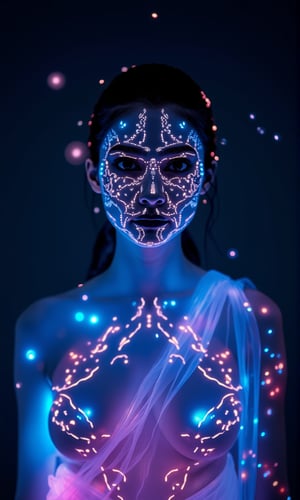 A mystical photo of an alien woman with a bioluminescent glow. Her midriff is exposed, revealing glowing skin with symmetrical neon lines that trace intricate patterns across her face and body. The skin emits a soft, otherworldly light, giving her a mesmerizing appearance. Her face is adorned with glowing dots, arranged in a symmetrical pattern that highlights her ethereal beauty.

She is wearing a neon saree that also glows with vibrant colors, blending seamlessly with the bioluminescent tones of her skin. Light particles float around her, adding to the mystical aura, while glowing spots and dots on her body create a radiant, enchanting effect. The close-up focus on her face emphasizes her luminous features, with every detail of the glowing patterns and lines captured in stunning detail.
