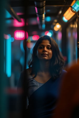 A beautiful mallu women, teal and orange colour lighting in background, futuristic subway, pipeline , wires, light indicators, intricate background, realism,realistic,raw,analog,portrait,photorealistic, taken by Canon EOS,SIGMA Art Lens 35mm F1.4,ISO 200 Shutter Speed 2000,Vivid picture,Mallu beauty, The atmosphere is fun and inviting, featuring colors like black, blue, dark blue, dark purple, gray, light green, purple, and orange. Neon lights in pink, blue, and green illuminate the space, creating a bokeh and Depth of Fieldeffect. The focus is on the girl from the torso to the head, captured in a cinematic style with a Sony A7R IV full-frame camera,Mallu beauty,futuristicportrait,Mallu beauty 