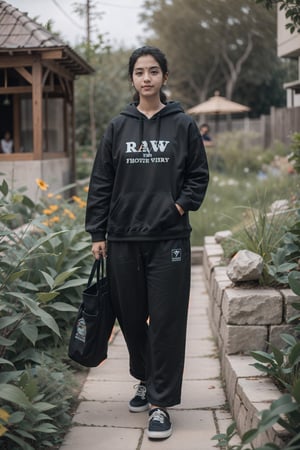 Fujifilms, Raw photo, sony a7iii SLR photoshoot, ultra realistic, natural face and body structure, full body shot, she is a beautiful 21 year old indian women, clear forehead, shot from a distance, india background, looking aesthetic, she is in garden, night time,  she is wearing a loose and baggy trouser, wearing baggy hoodie,  there are many families in the garden, hot sila,18 year old girl