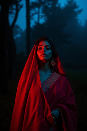 Traditional women, Captured in a dramatic, low-key setting, a beautiful model slowly emerges from the darkness. Shadows dance across her pale skin as she steps into the faint, flickering light. Her features are softened, yet her eyes gleam like lanterns in the night. Brushstrokes of cobalt blue and cadmium red swirl around her, imbuing the atmosphere with an air of intrigue. The model's slender form is silhouetted against a dark, moody backdrop, as if conjured from the shadows themselves.,aesthetic portrait,The image is captured using a Fujifilm cinematic camera, with dramatic cinematic lighting enhancing the deep shadows and bright highlights. The scene is shot with a wide aperture, creating a shallow depth of field that blurs the forest background, making her the clear focal point. The camera angle is low, looking slightly upwards to give her an empowering, larger-than-life presence. The textures of the saree and her skin are rendered in high definition, with the soft, natural lighting adding a dreamlike quality to the image.,Details 