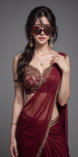 (Extra realistic) Sweet saree indian sexy women from mumbai,26 years old,clear body features,shiny skin,earrings,necklace,real eyes,shy,covering face with hands,mesmerizing,blowing hair,perfect weist,errected body,perfect anatomy,fit saree dress(Red Mehroon saree with embroidery, blouse with huge embroidery work),(photo till butts),(Create an image with a beautifully composed natural background, perfect composition,depth of perspective,studio photo,Futuristic cosplay 