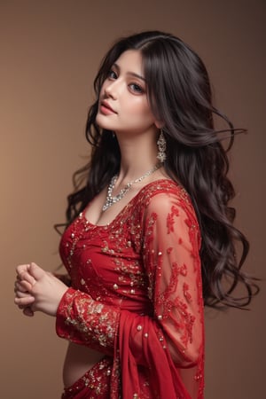 (Extra realistic) Sweet saree indian sexy women from mumbai,26 years old,clear body features,shiny skin,earrings,necklace,real eyes,shy,covering face with hands,mesmerizing,blowing hair,perfect weist,errected body,perfect anatomy,fit saree dress(Red Mehroon saree with embroidery, blouse with huge embroidery work),(photo till butts),(Create an image with a beautifully composed natural background, perfect composition,depth of perspective,studio photo,Futuristic cosplay 