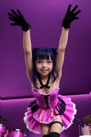 Realistic, human, Captured from a high-angle perspective, a girl with long dark blue hair, wearing a pink and yellow dress, adorned with a black belt. The arms are raised in the air, adding a touch of balance to the scene. The background is a vibrant purple hue, with white dots dotting the ceiling. To the right of the girl,a drum set is visible. 1girl, solo, long hair, looking at viewer, smile, bangs, hair ornament, thighhighs, gloves, dress, blue hair, purple eyes, heart, frills, tongue, hairclip, tongue out, pink dress, idol, pink thighhighs, pink gloves, maizono sayaka