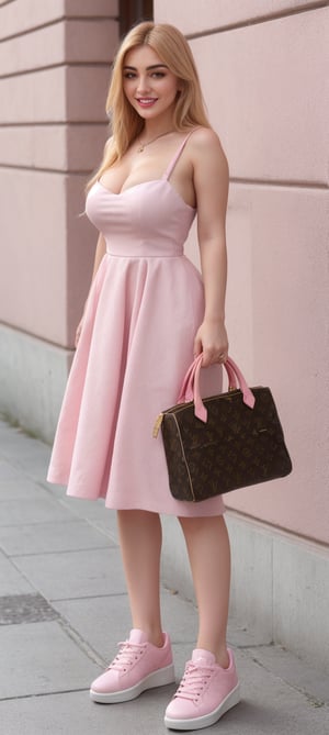 1girl, solo, long hair, yellow hair, pink dress, standing, full body, shoes, bag,louis vuitton bag, pink footwear, sneakers, photo background,Perfect lips,smile,Blonde busty 