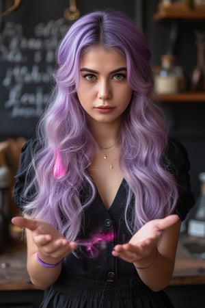 long wavy lavender haired beautiful witch with emerald green eyes and weaving a spell causing pink magical particles to appear iover her head between her hands. background in a witch alchemy lab.,Girl16yo