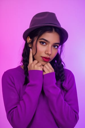 A photorealistic full-body portrait of a stunning 21yo hubggirl with perfect hands. She wears a vibrant purple sweater and double braids adorned with tiny earrings. Her shoulder-length purple hair is styled in intricate braids that cascade down her back. Her eyes are a deep, rich purple, framed by thick eyelashes and subtle makeup. A bold red lip color adds a pop of brightness to the overall gradient background, which transitions seamlessly from pink to purple. The subject's gaze is direct, with a hint of sassiness as she wears a trendy hat and sports a confident smile. Shut up, indeed!,Teenager 