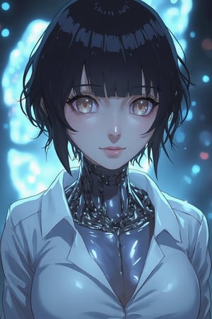 Huyuga hinata, Cyberpunk female android wearing a white shirt, ((The shirt is wet and transparent)),see-through clothes, A cybernetic body can be seen underneath, light reflecting off the mirrored mechanical body, short wavy brown hair, and piercing eyes. Mechanical neck and chest with intricate details. Futuristic background with holographic elements. Anime style, high-contrast lighting, detailed mechanical parts, elegant yet robot-like poses, and a sophisticated and mysterious atmosphere.