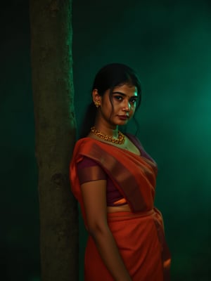 Futuristic, a mallu woman, in saree, navel. Full body, midriff exposed navel show, Cinematic colour grading, teal and orange lighting, Cyberpunk city realistic photography, 
fantasy beauty, biochemiluminescence, art nouveau, bright colors,  detailed textures, high quality, high resolution, high precision, realism , color correction, proper lighting settings, harmonious composition, Behance works,Details,Details,Texture,Details,weird_futuristic_fashion,Cosplay,Traditional,AnadeArmasFlux,Futuristic 