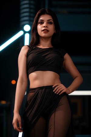 Close-up shot of a stunning woman in a sleek black saree, , her long legs and toned arms glistening under Tron-like neon lights. The camera spins around her, capturing the vibrant Matrix-inspired color palette, with electric blues and fiery oranges dancing across her features. She's posed confidently, one leg bent at an angle, hand on hip, as if ready to take on the virtual world.