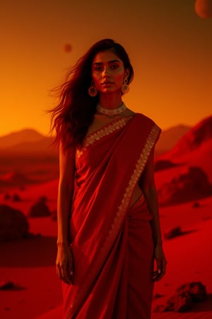 Mars Explorer in Traditional Attire
"A stunning Indian woman stands on the red, rocky surface of Mars, blending elements of her cultural heritage with futuristic technology. Mars rover near She wears a sleek saree, with glowing neon accents:1, customized to reflect traditional Indian motifs, such as intricate gold patterns and a sari-like drape over her shoulder. Her hair wave, mars effect, mars havy sand storm:1.4, revealing a radiant face with sharp, determined eyes. The harsh Martian environment contrasts with her beauty, while the backdrop features the dusty Martian landscape, distant planets, and a futuristic space colony on the horizon. The lighting is dramatic, with warm tones highlighting the red sands of Mars, creating a powerful, cinematic scene captured in ultra-realistic photography."

Details: face texture, perfect eyes, 5 finger on each hands, hair details, costume texture perfect, symmetry, Sharp background,