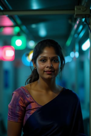 A beautiful mallu women, teal and orange colour lighting in background, futuristic subway, pipeline , wires, light indicators, intricate background, realism,realistic,raw,analog,portrait,photorealistic, taken by Canon EOS,SIGMA Art Lens 35mm F1.4,ISO 200 Shutter Speed 2000,Vivid picture,Mallu beauty, The atmosphere is fun and inviting, featuring colors like black, blue, dark blue, dark purple, gray, light green, purple, and orange. Neon lights in pink, blue, and green illuminate the space, creating a bokeh and Depth of Fieldeffect. The focus is on the girl from the torso to the head, captured in a cinematic style with a Sony A7R IV full-frame camera,Mallu beauty,futuristicportrait