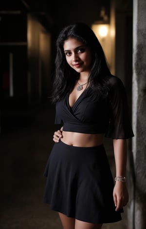 1girl, solo, long hair, looking at viewer, smile, black hair, dress, jewelry, standing, necklace, blurry, Red dress, bracelet, realistic, 25 years old, dark skin , dim light, drak atmosphere, low light , Midriff 