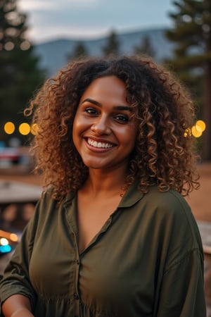 Generate an image of a stunning 38-year-old women, blending Black and Spanish heritage. She has fluffy curly golden brown hair, Type 4 hair, lush and vibrant, falling in loose waves down her back.

Setting:
- Outdoor: A serene mountain campsite at dusk, mountain view
- Soft, warm lighting with subtle shadows and twinkling string lights
- Tall trees surrounding a cozy clearing, with a crackling campfire and rustic wooden benches
- Camping gear and equipment subtly integrated into the scene

Physical Description:
- Fair skin with a subtle, sun-kissed glow
- Bright, expressive hazel eyes
- olive, dark Italian skin

Outfit:
- Comfortable, green earth-toned camping shirt (flannel or fleece)
- Practical hiking pants or leggings
- Warm, cozy cardigan 
- Sturdy hiking boots

Style:
-Effortless, coastal chic
- Confident, carefree, innocent pose

Mood:
- Serene, joyful, and radiant
- Capturing the essence of a relaxed summer afternoon
Inspired by singer Tyla's vibrant energy and style, create a breathtaking image that embodies beauty, elegance, and a laid-back coastal vibe.