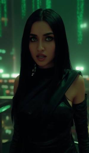 Prompt: A photorealistic portrait of an Indian woman in her late 20s with dark brown skin, long straight black hair, and sharp features. She is dressed in a sleek black saree with futuristic, tech-inspired accessories. Her eyes  giving her a mysterious, powerful look. The background is a dark, cyberpunk cityscape with green digital rain falling behind her, reminiscent of the Matrix. The lighting is low, with glowing neon lights reflecting off her leather outfit, enhancing the dramatic, action-movie atmosphere.,