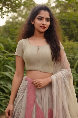 Generate hyper realistic image of a too curvy playful curly messy hair wearing lehnga choli,in village, a sun-kissed complexion, and dressed in a boho floral maxi dress with fringe accessories. She teasingly poses with coffee in a sunlit and colorful garden.. up close,photorealistic,Realism, messy hair,1girl