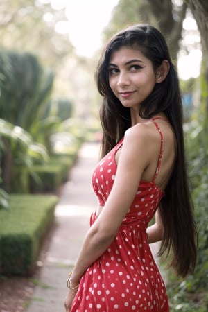 1girl, solo, long hair, looking at viewer, smile, black hair, dress, jewelry, sleeveless, blurry, bracelet, lips, red dress, polka dot, realistic, polka dot dress,perfect, 